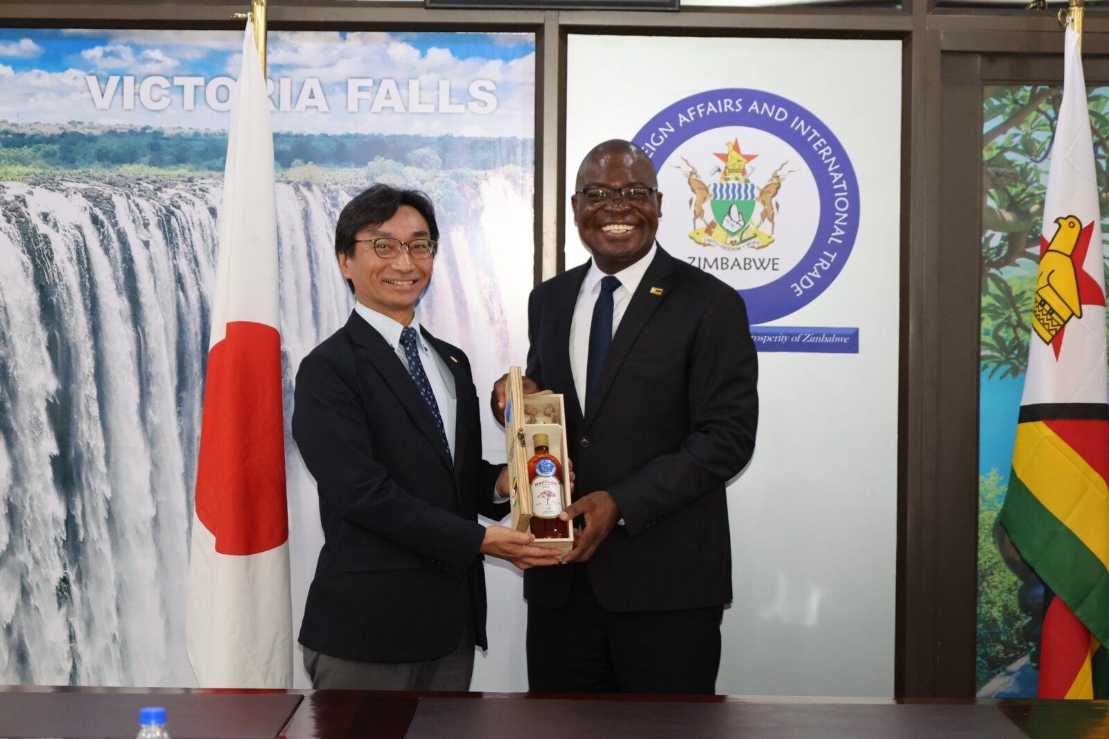 Zimbabwean Foreign Affairs and International Trade Minister Professor Amon Murwira pictured with outgoing JICA Zimbabwe Resident Representative Shigeki Furuta during a farewell courtesy call at the Munhumutapa Offices in Harare on Monday.