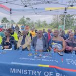 Minister of Tinkhundla Administration and Development Sikhumbuzo Dlamini, centre, joins Ministry of Public Works and Transport officials at Zamokuhle Primary School in Nkwene Inkhundla