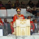 King Mswati III addresses thousands of emaSwati gathered at Somhlolo National Stadium during the Ruby Jubilee celebrations marking 40 years of his reign and his 58th birthday on Friday