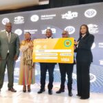 Minister of Commerce, Industry and Trade Manqoba Khumalo, SEDCO Board Chairperson Dr Mandlenkhosi Dlamini and SEDCO CEO Khethiwe Mhlanga receive a E2 million sponsorship cheque from FNB Eswatini at the launch of the 20th Entrepreneur of the Year Awards at Royal Villas, Ezulwini. Photo by Eswatini Financial Times