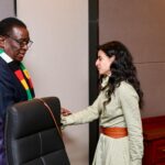 Zimbabwean President Emmerson Dambudzo Mnangagwa meets with UN Tourism Secretary-General Shaikha Al Nowais at his Munhumutapa offices in Harare on Monday,