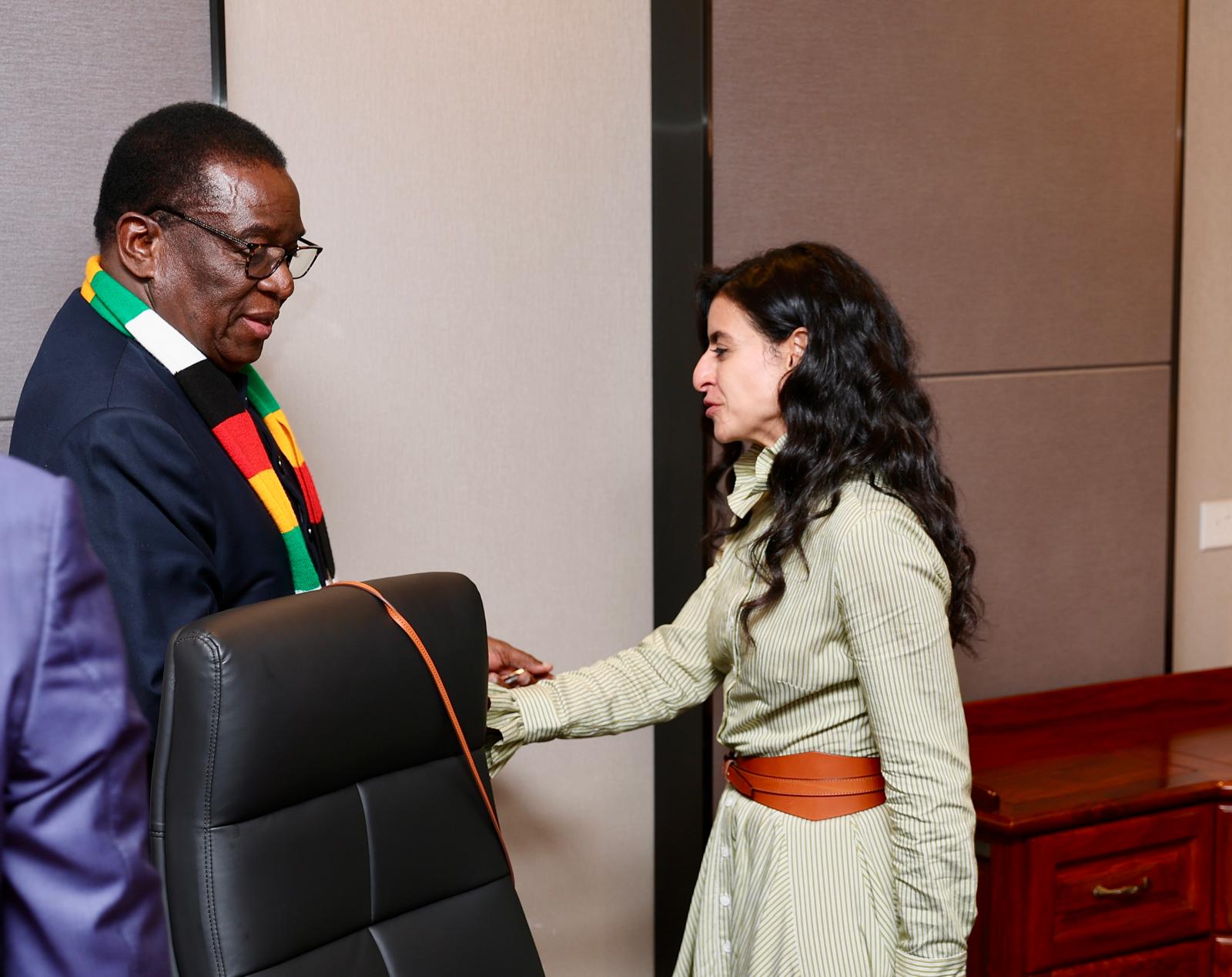 Zimbabwean President Emmerson Dambudzo Mnangagwa meets with UN Tourism Secretary-General Shaikha Al Nowais at his Munhumutapa offices in Harare on Monday,