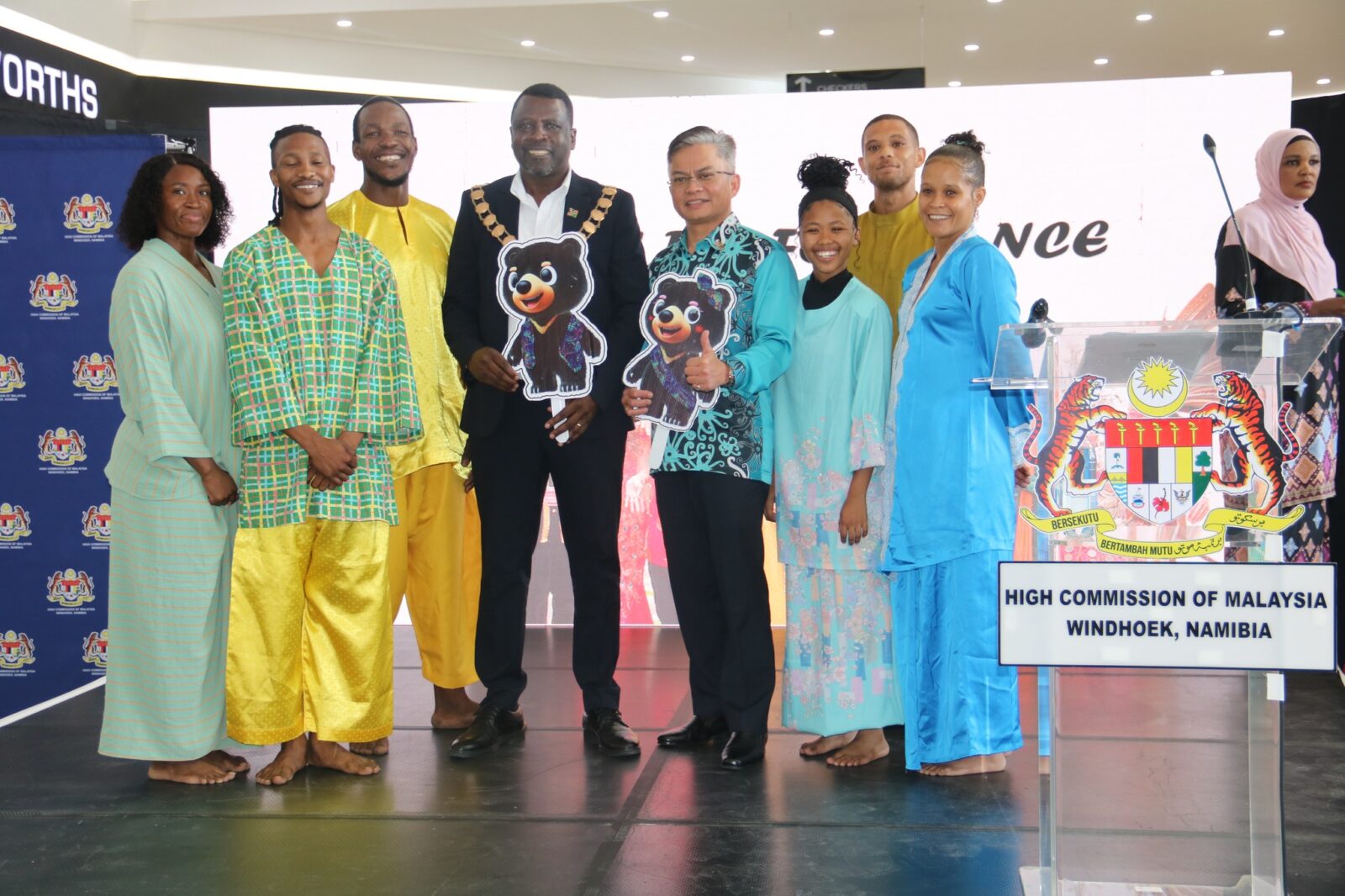 Walvis Bay Mayor Johannes Shimbilinga and Malaysian High Commissioner Khornelisman Jasri join performers at the Visit Malaysia Year 2026 promotional event held at Dunes Mall in Walvis Bay. Photo: Municipality of Walvis Bay