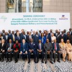 Dr. George Elombi, President and Chairman of the Board of Directors, Afreximbank, and Mr. Aliko Dangote, President/Chief Executive, Dangote Industries Limited, joined by Afreximbank Board members and the Bank’s executive leadership during the signing ceremony in Cairo, Egypt.