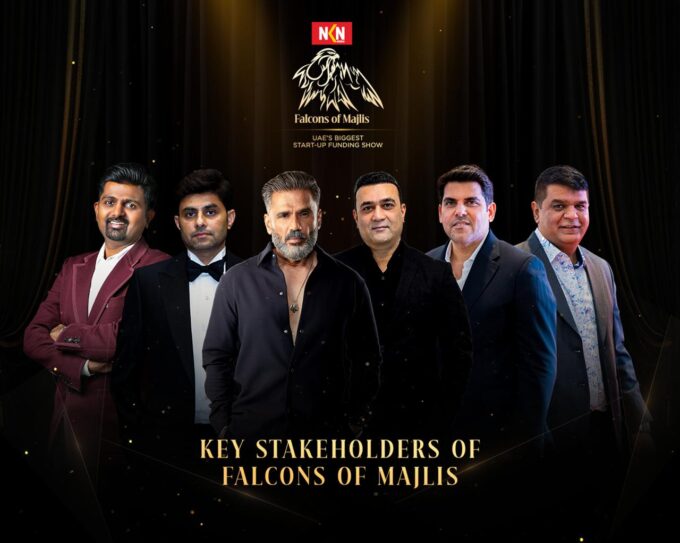 Falcons of Majlis principal investors Maqsood Mohammed, Dr. Dhiraj Kantilal Jain, Rakesh Mirchandani and Sanjay Dhawan pictured alongside mentor and Bollywood entrepreneur Suneil Shetty at the launch of the UAE's first trust-led startup investment platform in Dubai.