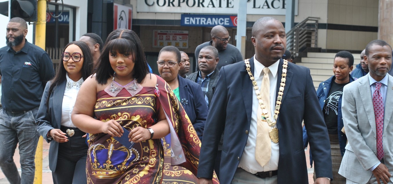 Princess Sakhizwe leads a high-level delegation on an official tour along Dr Sishayi Road in Mbabane on Thursday, assessing the venue ahead of the Made in Eswatini Consumer Fair set for May 1, 2026. The delegation included Minister of Housing and Urban Development Hon. A. Maphalala, Mbabane East MP Hon. Welcome Dlamini, Mbabane Mayor T. Mkhonto and Mbabane City Council CEO Gciniwe Fakudze.