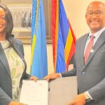 Central Bank of Eswatini Governor Dr Phil Mnisi (right) and National Bank of Rwanda Governor Soraya M. Hakuziyaremye (left) after signing a Memorandum of Understanding on the sidelines of the IMF and World Bank Spring Meetings in Washington D.C. | Photo: Supplied