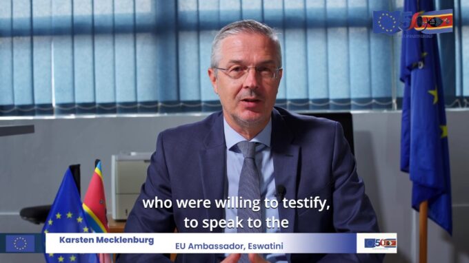 EU Ambassador Karsten Mecklenburg speaks in the documentary marking 50 years of partnership between the European Union and the Kingdom of Eswatini. Screen grab: EU Delegation to Eswatini