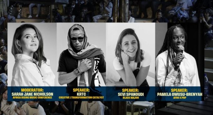 Flyer for the MTN Bushfire Arts Round Table x Africa Rising Music Conference online workshop on 16 April 2026, featuring panelists Pamela Owusu-Brenyah, Sevi Spanoudi, Thamsanqa ‘KrTC’ Sibandze, and moderator Sarah Jane Nicholson.