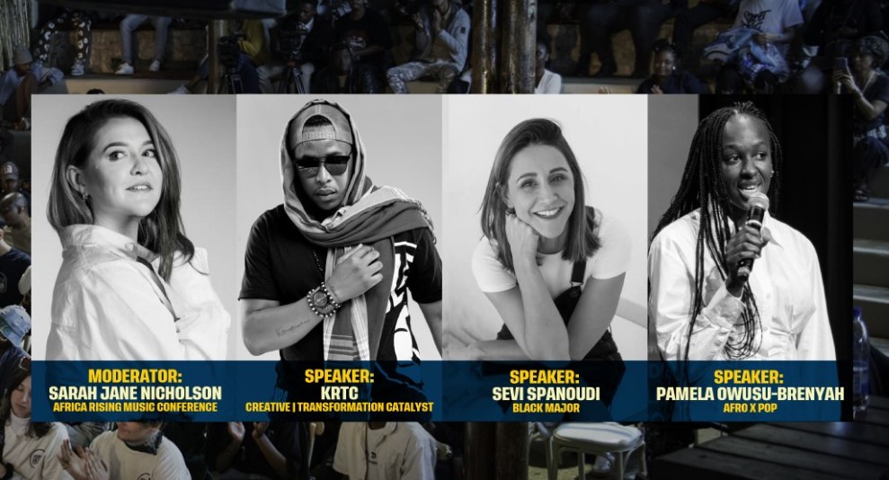 Flyer for the MTN Bushfire Arts Round Table x Africa Rising Music Conference online workshop on 16 April 2026, featuring panelists Pamela Owusu-Brenyah, Sevi Spanoudi, Thamsanqa ‘KrTC’ Sibandze, and moderator Sarah Jane Nicholson.