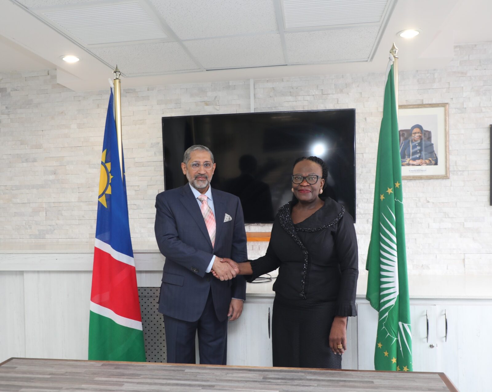 H.E. Abdullah Khalil Al Musaibeeh and Hon. Amb. Selma Ashipala Musavyi during the BADEA President’s introductory visit to Namibia.