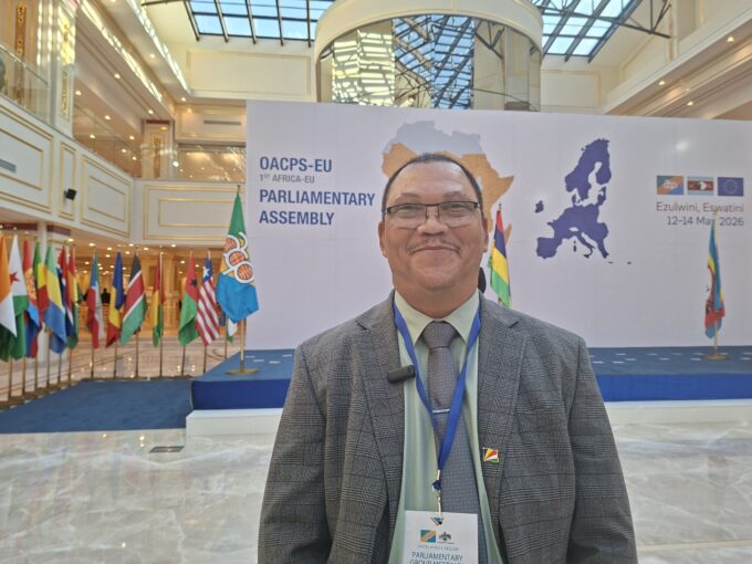 Hon. John Hoareau of Seychelles speaks with Swazi24 editor Adekunle Owolabi at the OACPS-EU Parliamentary Meetings in Eswatini.