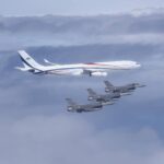 Taiwan F-16 fighter jets escort Eswatini King's aircraft with President Lai Ching-te onboard on Monday. (Military News Agency photo)
