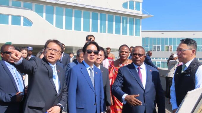 Minister of Commerce, Industry and Trade Manqoba Khumalo, Deputy Prime Minister Thulisile Dladla, Taiwan President Lai Ching-te and other officials during a presentation following the President's site visit to the Royal Science and Technology Park at Nokwane.