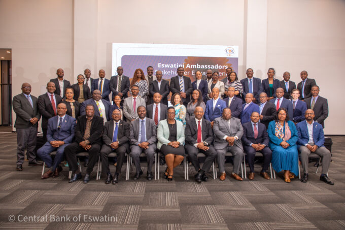 CBE Governor Dr. Phil Mnisi (centre) pictured with ambassadors representing Eswatini abroad and CBE management following a stakeholder engagement session held in Mbabane on Wednesday, 6 May 2026.