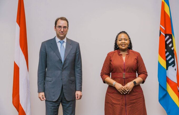 Minister of Foreign Affairs and International Cooperation Senator Pholile Shakantu and Austria's Deputy Minister of Foreign Affairs Ambassador Nikolaus Marscik during their bilateral meeting in Mbabane. Photo by Minister of Foreign Affairs and International Cooperation