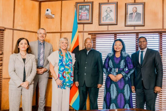 Acting Prime Minister Dr Thambo Gina and Minister of Foreign Affairs and International Cooperation Senator Pholile Shakantu pose with Africa-EU Joint Parliamentary Assembly Co-President Ms Hilde Vautmans and EU Ambassador to Eswatini Karsten Mecklenburg during an official courtesy call held in Mbabane on Monday.