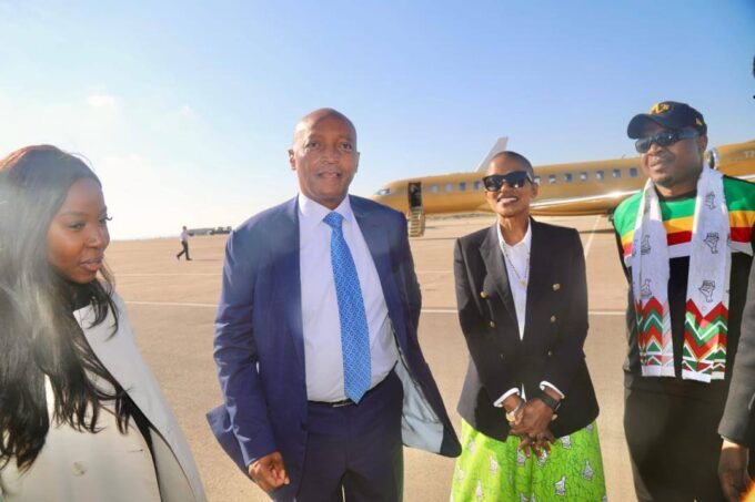 CAF President Dr Patrice Motsepe poses for a group photo with Zimbabwe Minister of Tourism and Hospitality Industry Barbara Rwodzi, Zimbabwe Football Association President Nqobile Magwizi, and Zimbabwe Tourism Authority CEO Dr George Manyaya at Robert Gabriel Mugabe International Airport in Harare on Sunday.