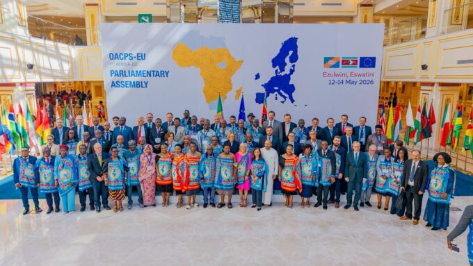 Delegates from OACPS and European Union member states gather for a group photo during the first Africa-EU Parliamentary Assembly, hosted by the Kingdom of Eswatini at the Ezulwini Palazzo ICC from 7 to 14 May 2026.