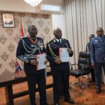 Royal Eswatini Police Service National Commissioner Manoma Vusie Masango and Police of the Republic of Mozambique Inspector General His Excellency Joaquim Adriano Sive hold the signed Memorandum of Understanding on police cooperation at the Police Headquarters in Maputo, Mozambique. Photo by REPS