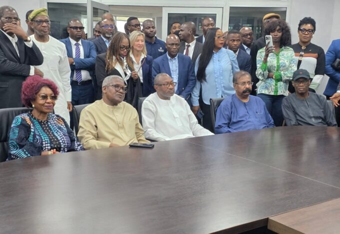 Caption Dangote Industries Limited President and Chief Executive Aliko Dangote and First HoldCo Group Chairman Olufemi Otedola pictured together during Otedola's visit to the Dangote Petroleum Refinery and Petrochemicals in Lagos, Nigeria, on Wednesday.