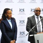 Minister of Environment and Tourism Wynter Boipuso Mmolotsi poses with newly appointed Permanent Secretary Abigail Khumoyame following the formal announcement of her substantive appointment at a staff meeting in Botswana
