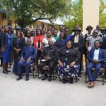 Namibian Minister of Home Affairs, Immigration, Safety and Security Lucia Iipumbu poses with Oshana Region Governor Hofni Iipinge, Omusati Region Governor Immanuel Shikongo, and other stakeholders