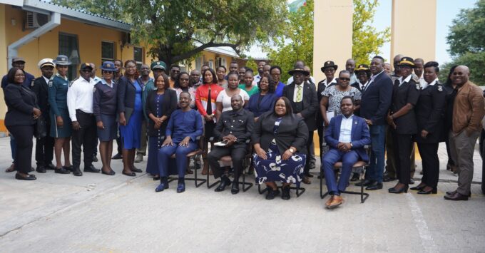 Namibian Minister of Home Affairs, Immigration, Safety and Security Lucia Iipumbu poses with Oshana Region Governor Hofni Iipinge, Omusati Region Governor Immanuel Shikongo, and other stakeholders