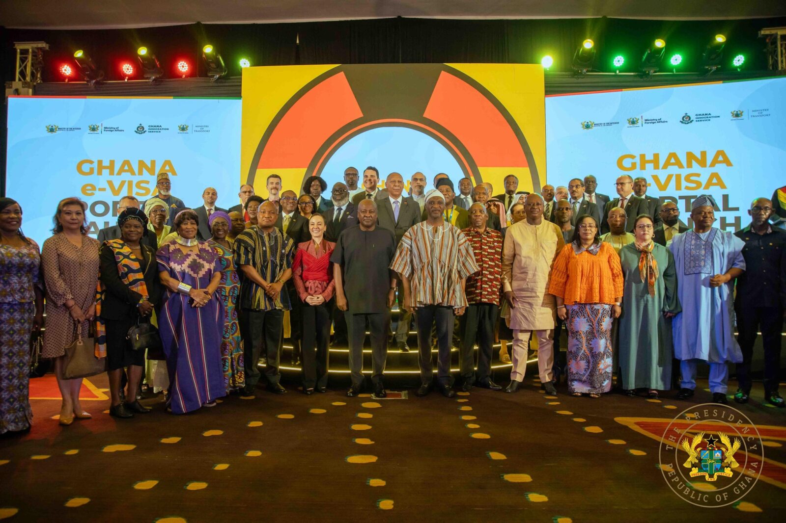 Ghanaian President John Dramani Mahama poses with government officials and stakeholders at the launch of Ghana's electronic visa portal, a move that scraps visa fees for all African passport holders visiting the country for business or tourism.