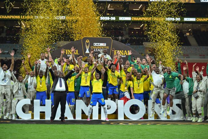 Mamelodi Sundowns players celebrate with the Caf Champions League trophy after sealing a 2-1 aggregate victory over AS FAR in Rabat on Sunday. (Photo: TotalEnergies CAF Champions League & Confederation Cup)