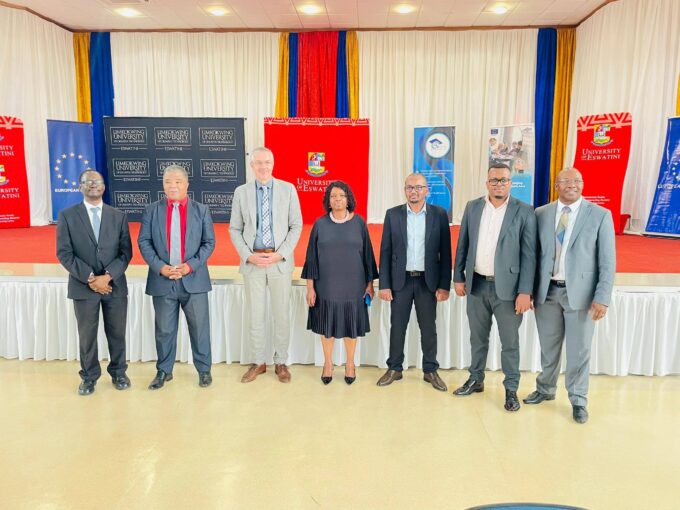 caption for a group photo 21:50 Eswatini Qualifications Authority Executive Secretary Mboni Dlamini (centre) pictured with participants at the university-industry networking event held at the UNESWA Sports Emporium.