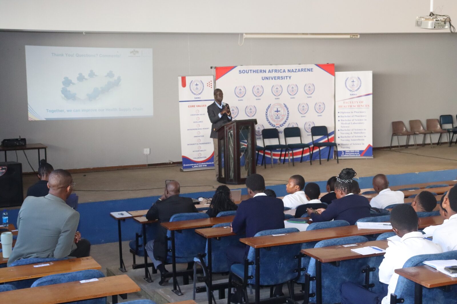 Pharmacy students at Southern Africa Nazarene University attend a guest lecture on public health supply chain systems in Eswatini, delivered in collaboration with the Ministry of Health on Thursday, 28 May 2026. (Picture: SANU)