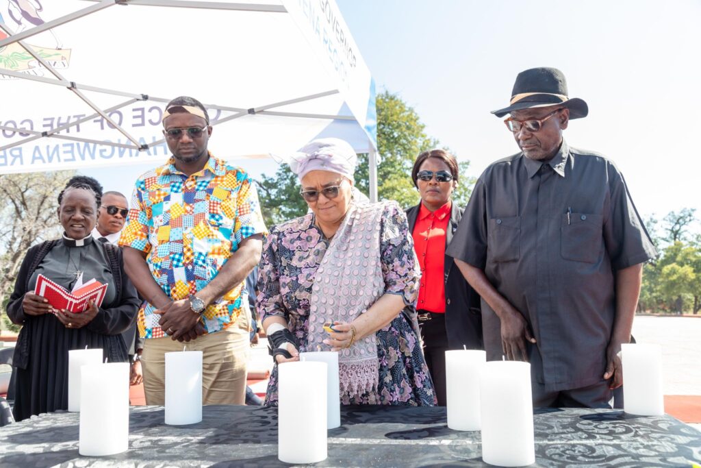 Vice President Lucia Witbooi lights a candle in memory of the tens of thousands of Ovaherero and Nama people who perished during the 1904 to 1908 genocide at the Genocide Remembrance Day commemoration in Eenhana on 28 May 2026. (Picture: Vice President Lucia Witbooi/Facebook)