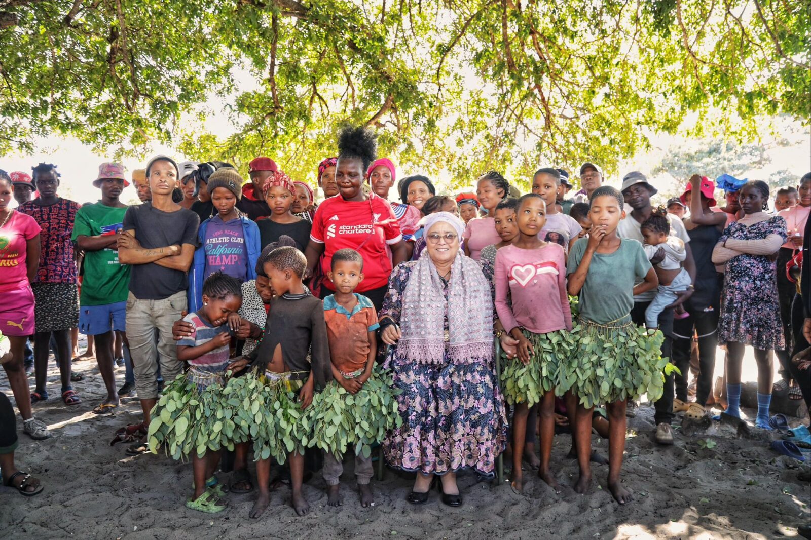 Namibian Vice President Lucia Witbooi poses with members of the San community at Ombili Location in Eenhana during her visit to assess their living conditions and socio-economic challenges. (Picture: Vice President Lucia Witbooi/Facebook)