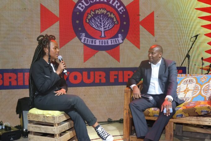 Prime Minister Russell Mmiso Dlamini speaks with festival host Phiwo Dhlamini at the MTN Bushfire Broadcast Corner during the 19th edition of the MTN Bushfire Festival in Malkerns. | Photo: Eswatini TV