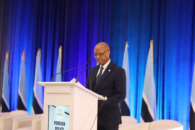 Botswana Ministry of International Relations Permanent Secretary Ambassador Thuso Ramodimoosi addresses delegates at the Foreign Policy Pitso in May 2026, where he outlined the objectives of the country's long-awaited draft foreign policy document.