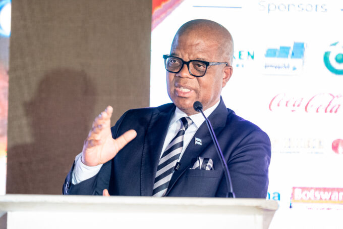 Botswana's Minister for State President, Defence and Security, Moeti Mohwasa, delivers his address at the official opening of the 30th Business Botswana Northern Trade Fair on Thursday