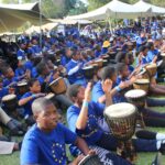 Learners beat out a rhythm on the djembe drum during the 2026 EU Bushfire Schools Festival at House on Fire in Malkerns. (Picture: EU in Eswatini)