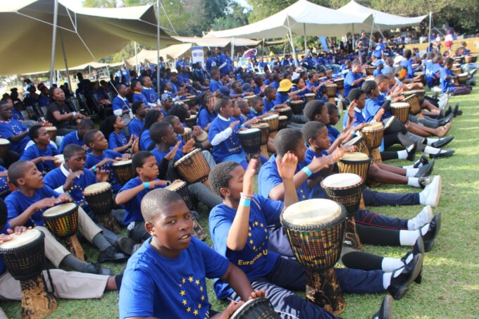 Learners beat out a rhythm on the djembe drum during the 2026 EU Bushfire Schools Festival at House on Fire in Malkerns. (Picture: EU in Eswatini)