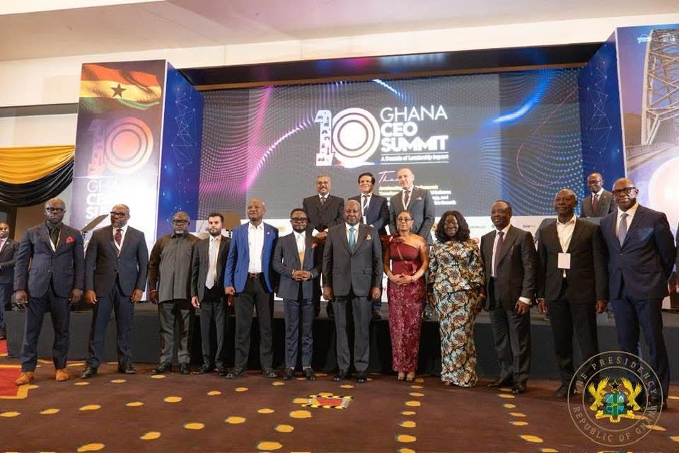 Ghana's President John Dramani Mahama joins Trade, Agribusiness and Industry Minister Elizabeth Ofosu-Adjare, Chief Executives Network Founder and CEO Ernest De-Graft Egyir, Bank of Ghana Governor Dr. Johnson Pandit Asiama and other business leaders and policymakers for a group photo at the launch of the CEOs-Government Compact 2026 in Accra on Thursday, 28 May 2026.