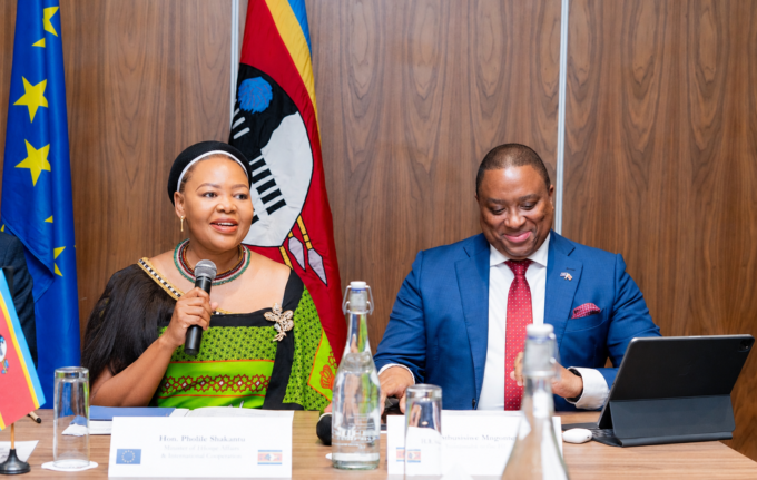 Senator Pholile Shakantu addresses delegates at the third Eswatini-EU Partnership Dialogue in Mbabane on Friday, seated next to Eswatini's Ambassador to Belgium, H.E. Sibusisiwe Mngomezulu. Photo by Phindokuhle Sithole / Lokuhle Media
