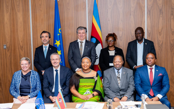 EU Ambassador H.E. Karsten Mecklenburg , Minister of Foreign Affairs and International Cooperation Senator Pholile Shakantu poses for a group photo with officials at the 3rd Eswatini-EU Partnership Dialogue in Mbabane, marking 50 years of European Union cooperation with the Kingdom of Eswatini. Photo by Phindokuhle Sithole/Lokuhle Media