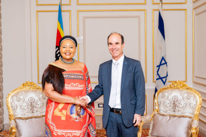 Minister of Foreign Affairs and International Cooperation Senator Pholile Shakantu and Israeli Ambassador Ilan Fluss pictured together at the ICC Ezulwini Palazzo on Wednesday during bilateral talks between Eswatini and Israel. Photo: Phindo Sithole/Lokuhle Media