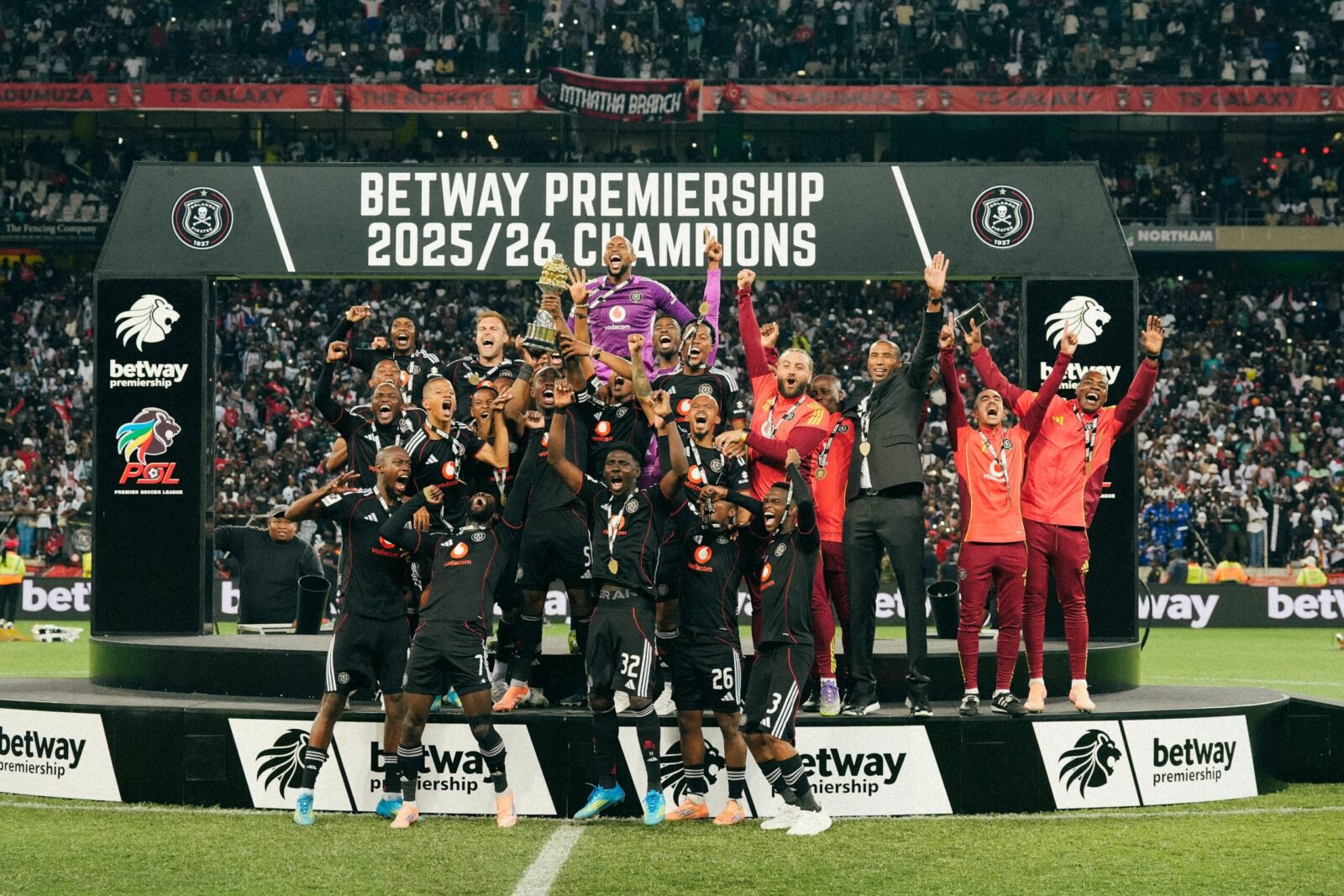 Orlando Pirates are crowned champions during the Betway Premiership 2025/26 match between Orbit College and Pirates at Mbombela Stadium, in Nelspruit on Saturday. Photo by X/@orlandopirates