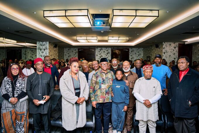 Nigerian opposition leader Peter Obi addresses Nigerians living in Johannesburg, South Africa, during a diaspora engagement on Africa Day, 25 May 2026. Photo by X/@PeterObi
