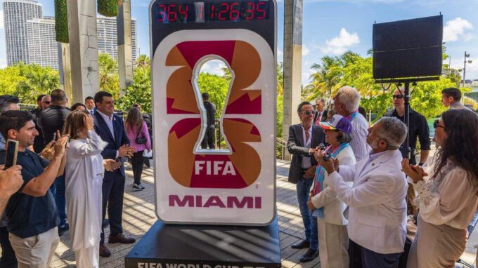 Miami-Dade County Elected officials joined special guest artist Marc Anthony and Co-Chair Rodney Barreto as they unveiled the official kick off final countdown clock, during the “One Year Out” celebration hosted by the Miami Host Committee and FIFA at the Pérez Art Museum Miami (PAMM), on Wednesday June 11, 2025. Pedro Portal