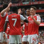 Arsenal striker Viktor Gyokeres celebrates with teammates after scoring one of his two goals during the Gunners' commanding 3-0 Premier League win over Fulham at the Emirates Stadium on Saturday,