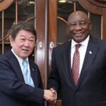 Japanese Foreign Minister Toshimitsu Motegi and South African President Cyril Ramaphosa during their bilateral meeting in Pretoria on Tuesday, May 5, 2026.