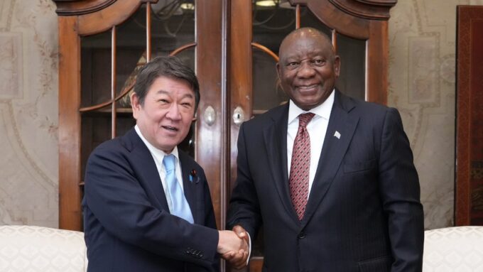 Japanese Foreign Minister Toshimitsu Motegi and South African President Cyril Ramaphosa during their bilateral meeting in Pretoria on Tuesday, May 5, 2026.
