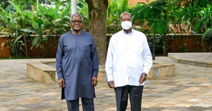 Ugandan President Yoweri Kaguta Museveni and Nigerian billionaire industrialist Aliko Dangote during their meeting at State Lodge Nakasero to discuss the proposed East African regional oil refinery project. Photo by Uganda State House